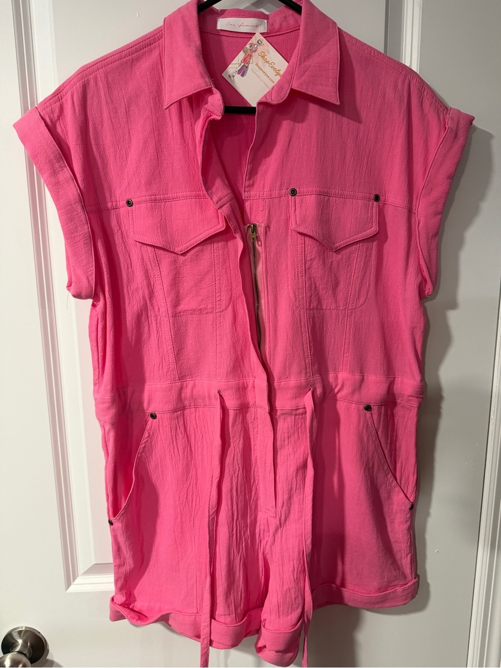 Ces Femme | Bright Pink Short Sleeve Zip Romper
